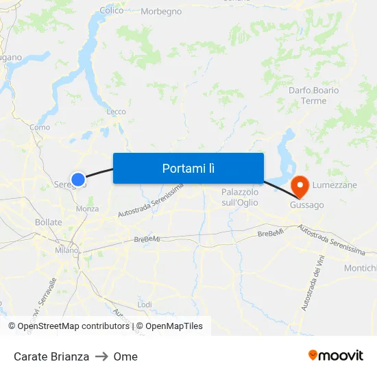 Carate Brianza to Ome map