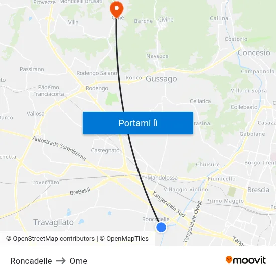 Roncadelle to Ome map