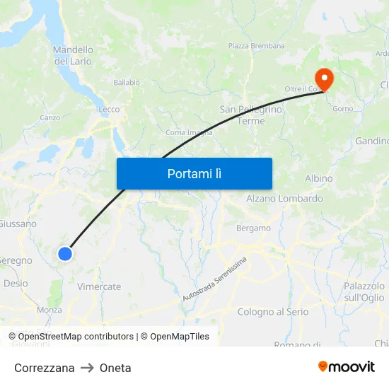 Correzzana to Oneta map