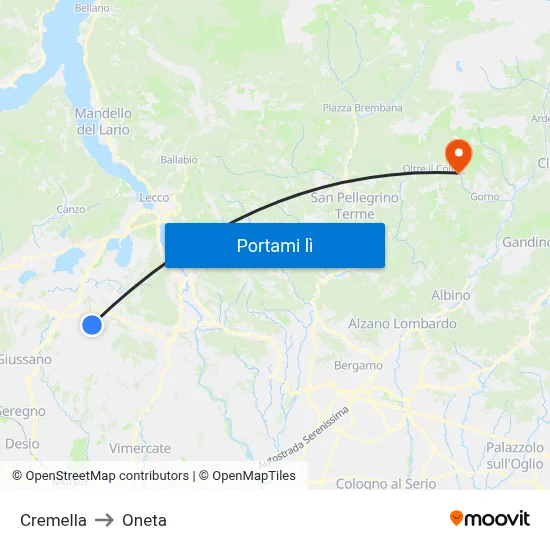 Cremella to Oneta map