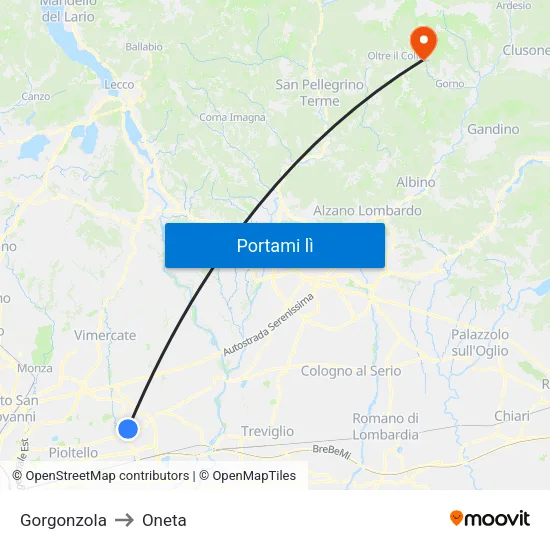 Gorgonzola to Oneta map