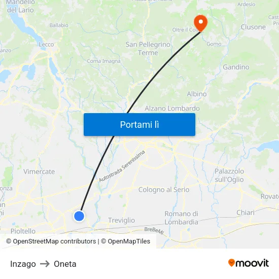 Inzago to Oneta map