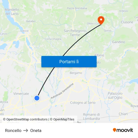 Roncello to Oneta map