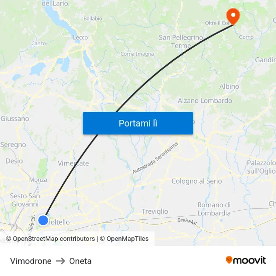 Vimodrone to Oneta map