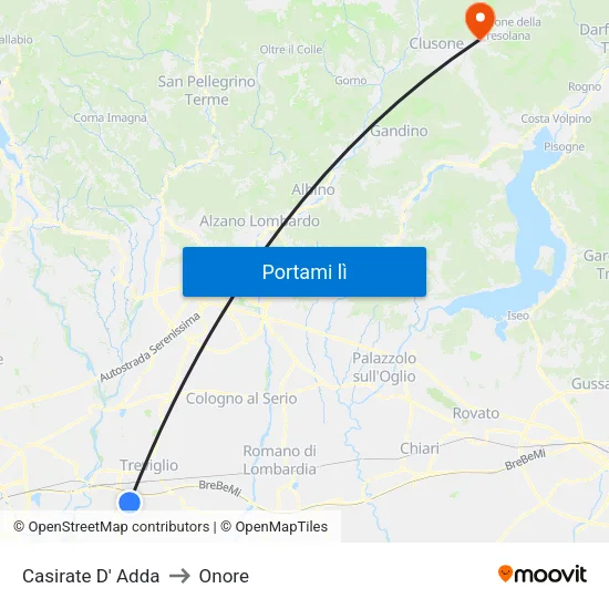 Casirate D' Adda to Onore map