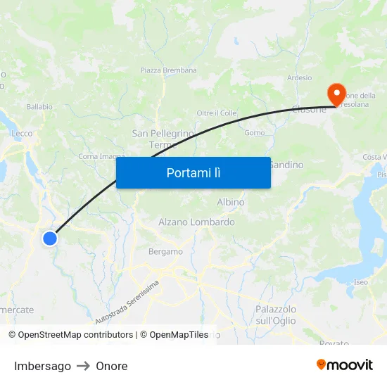 Imbersago to Onore map