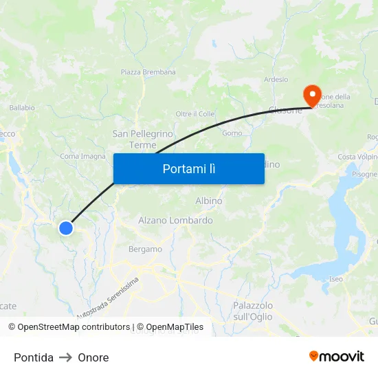 Pontida to Onore map