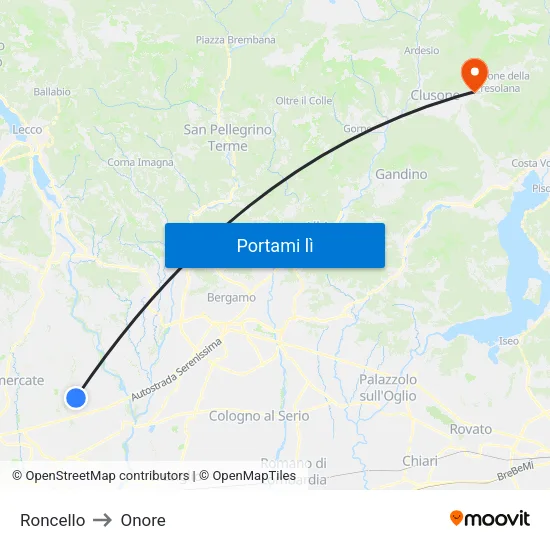 Roncello to Onore map