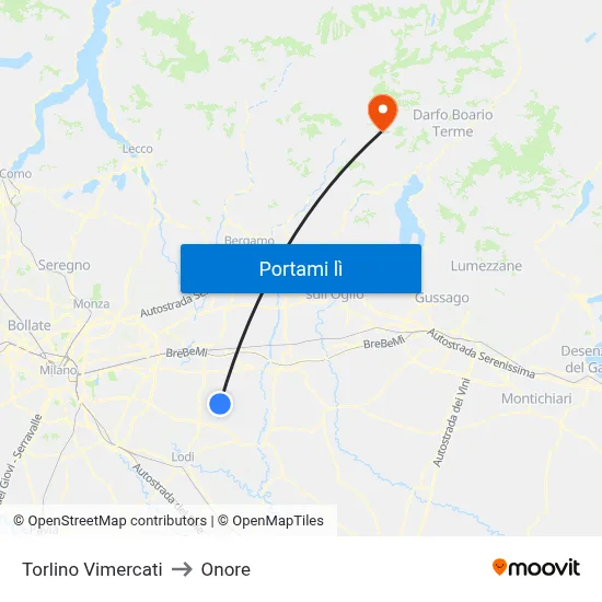Torlino Vimercati to Onore map