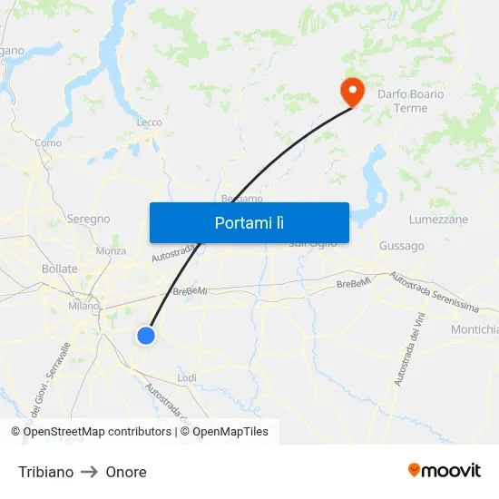 Tribiano to Onore map