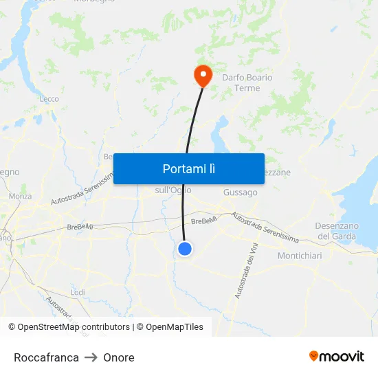 Roccafranca to Onore map