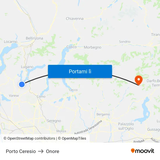 Porto Ceresio to Onore map