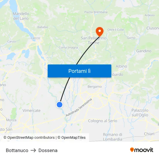 Bottanuco to Dossena map