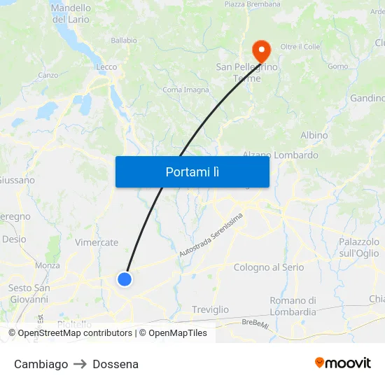 Cambiago to Dossena map