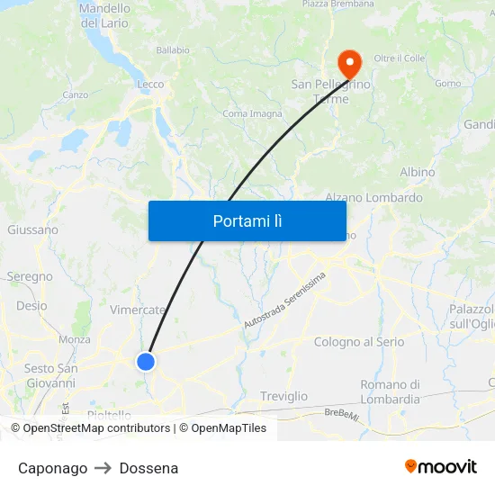 Caponago to Dossena map
