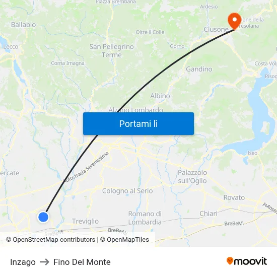 Inzago to Fino Del Monte map