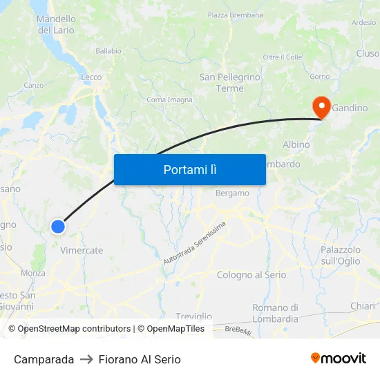 Camparada to Fiorano Al Serio map