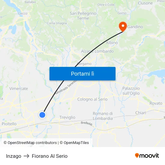 Inzago to Fiorano Al Serio map