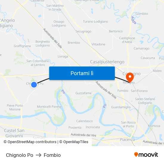 Chignolo Po to Fombio map