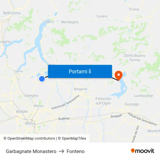 Garbagnate Monastero to Fonteno map