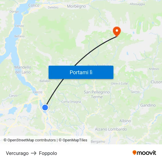 Vercurago to Foppolo map