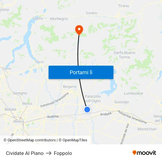 Cividate Al Piano to Foppolo map