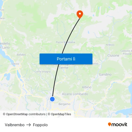 Valbrembo to Foppolo map