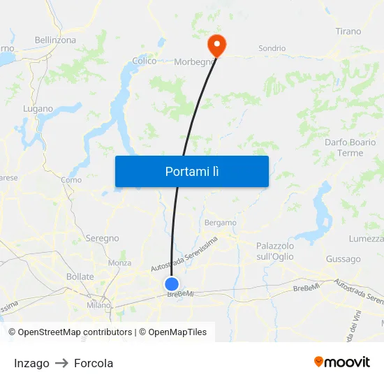 Inzago to Forcola map