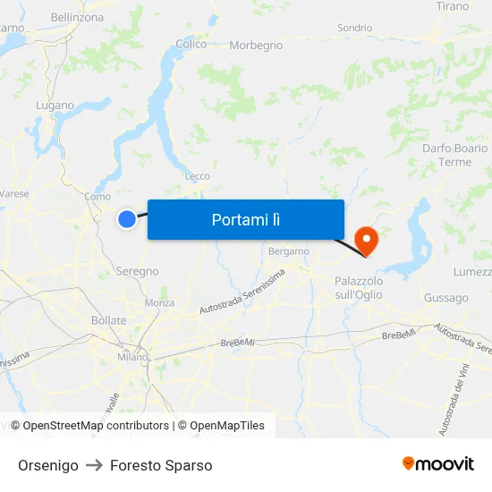 Orsenigo to Foresto Sparso map