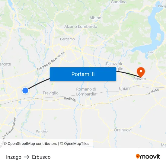 Inzago to Erbusco map