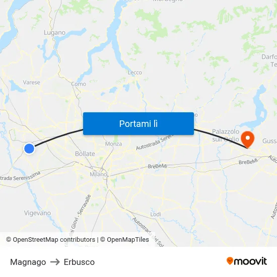 Magnago to Erbusco map