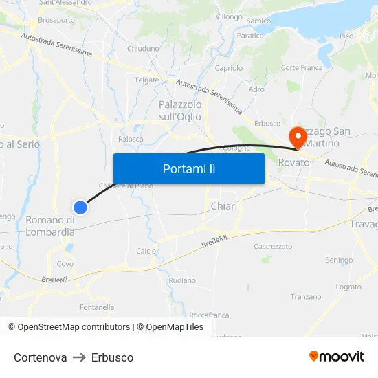 Cortenova to Erbusco map