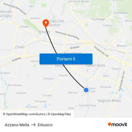 Azzano Mella to Erbusco map