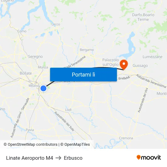 Linate Aeroporto M4 to Erbusco map