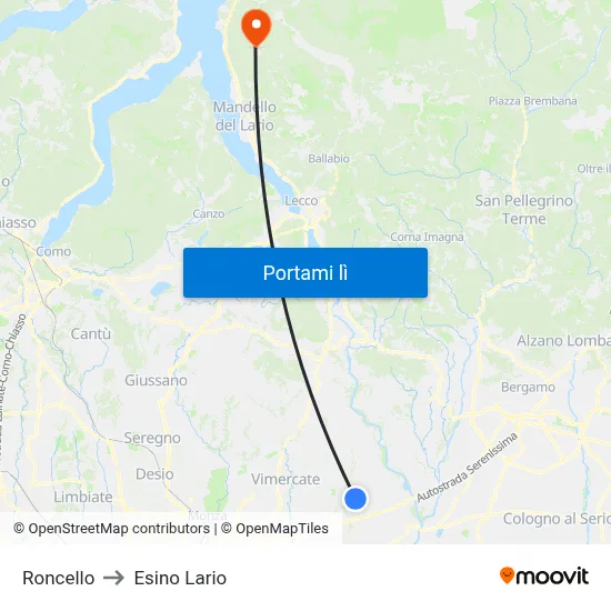 Roncello to Esino Lario map