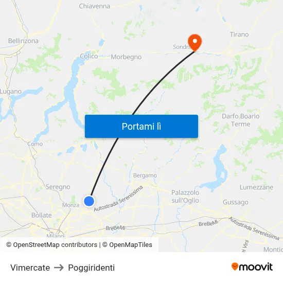Vimercate to Poggiridenti map