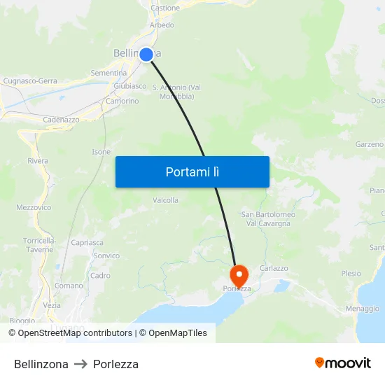 Bellinzona to Porlezza map