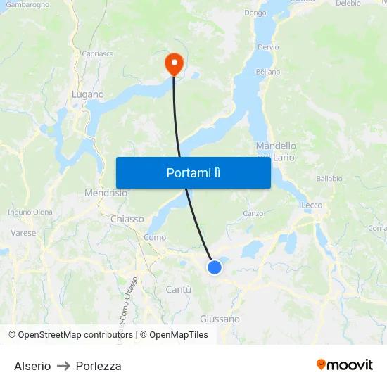 Alserio to Porlezza map