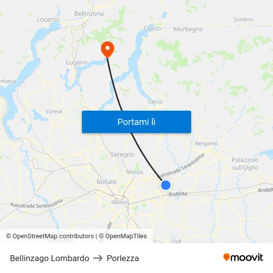 Bellinzago Lombardo to Porlezza map