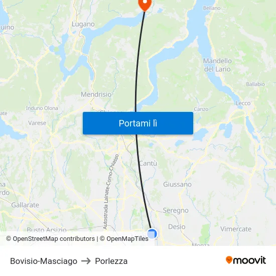 Bovisio-Masciago to Porlezza map