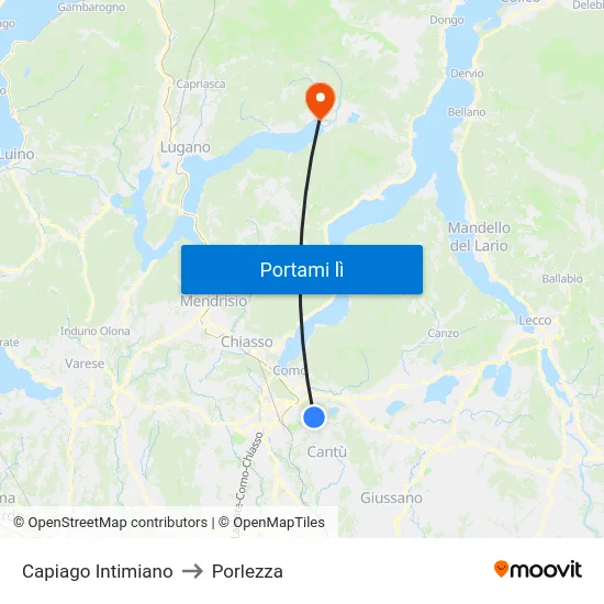 Capiago Intimiano to Porlezza map