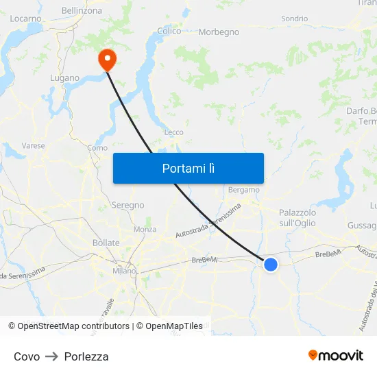 Covo to Porlezza map