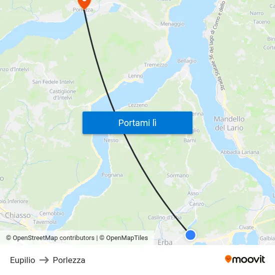 Eupilio to Porlezza map