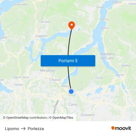 Lipomo to Porlezza map