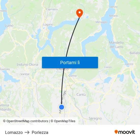 Lomazzo to Porlezza map
