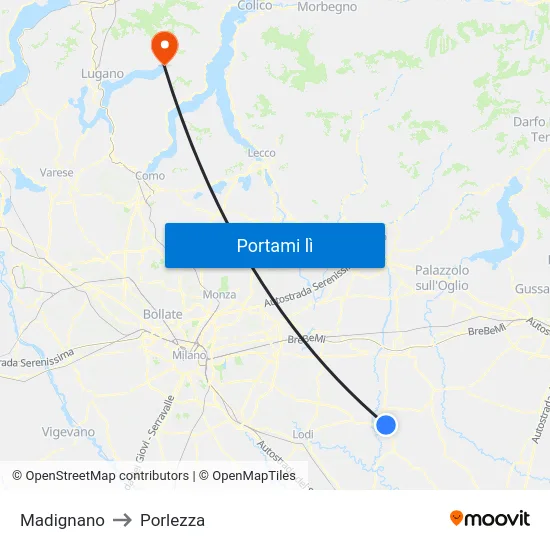 Madignano to Porlezza map
