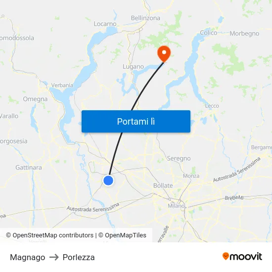 Magnago to Porlezza map