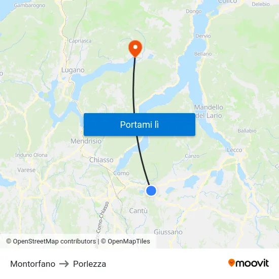 Montorfano to Porlezza map