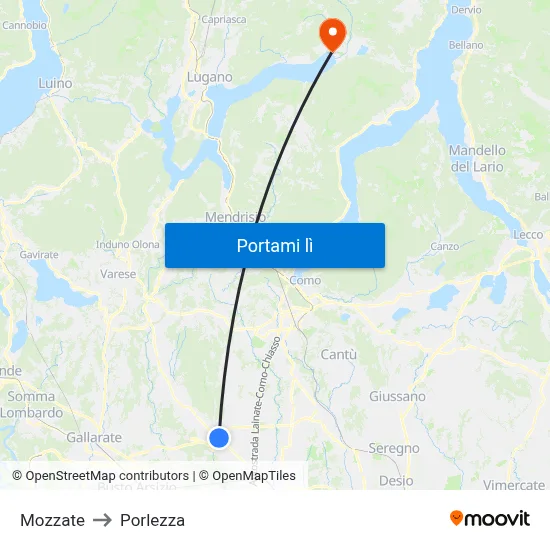 Mozzate to Porlezza map