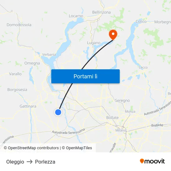 Oleggio to Porlezza map